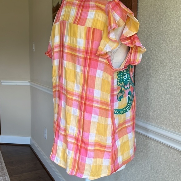 THML - Anthropologie Blouse Top Size S Teal Embroidered Top lightweight Colorful - Picture 6 of 16